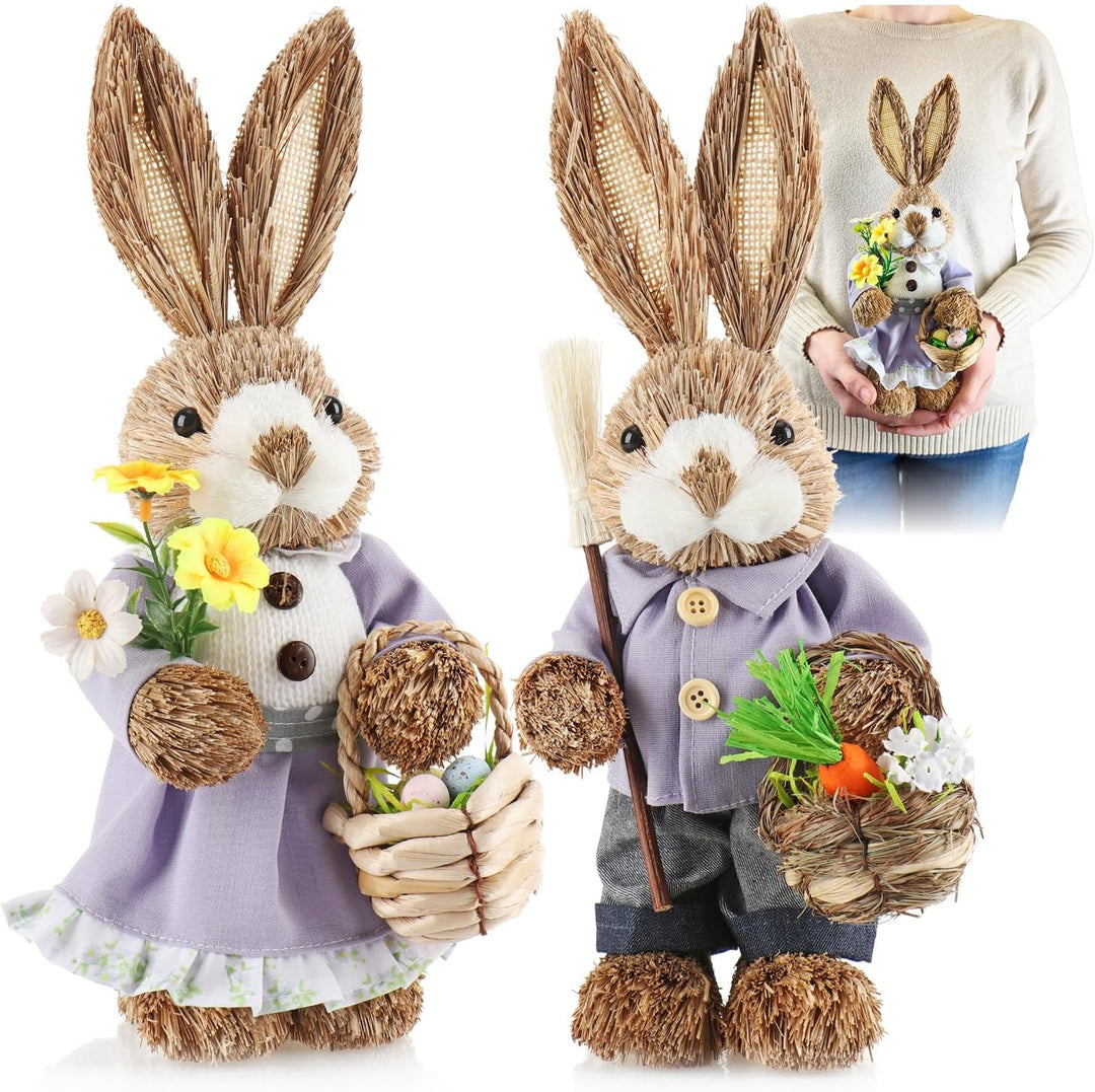 com-four® 2X Stroh Osterhase handgemacht - Deko-Osterhase zur Osterdekoration - Strohfiguren für Ost