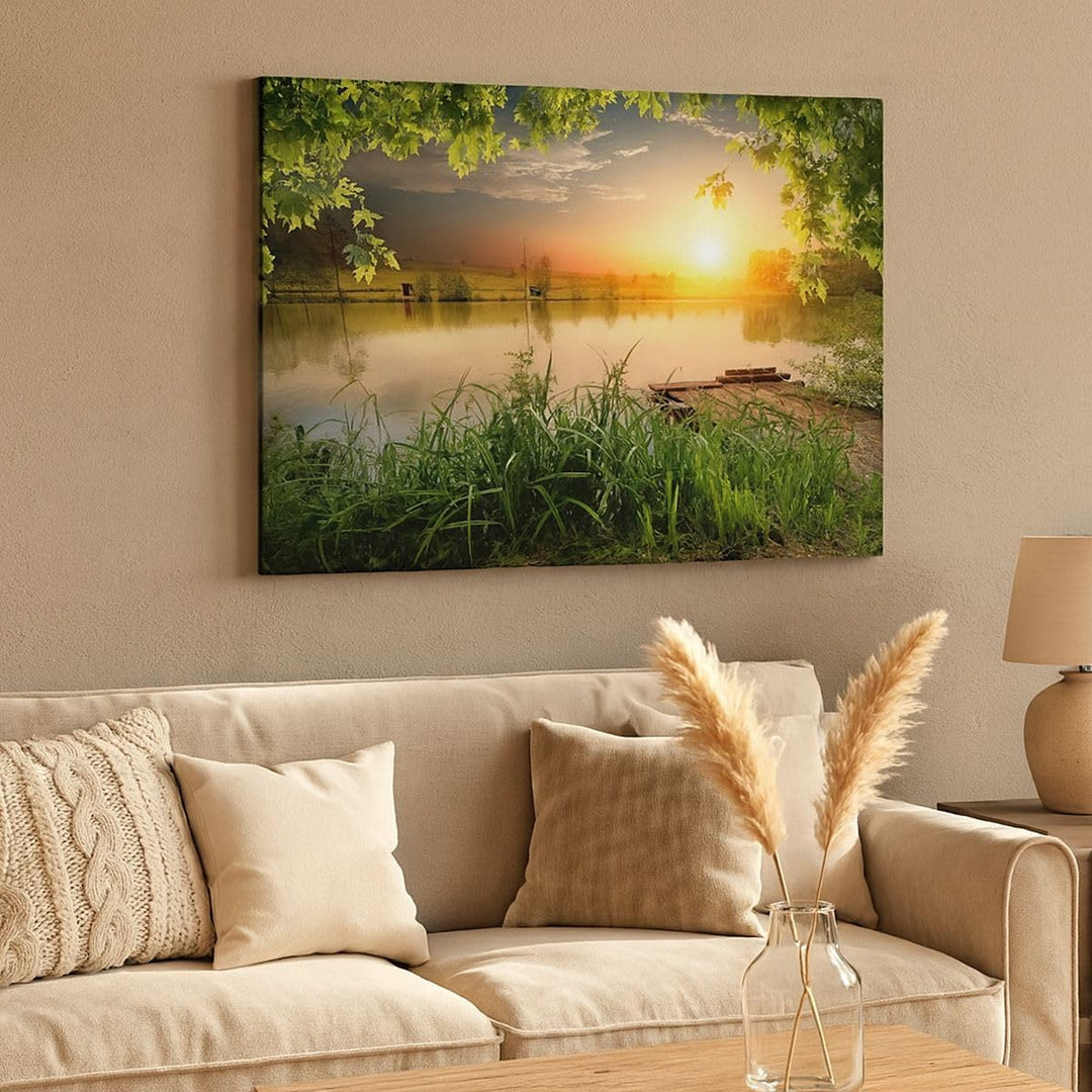 ARTTOR Bilder auf Leinwand 100x70cm Leinwandbild mit Rahmen Brücke See Gross Wanddeko Bild Schlafzim
