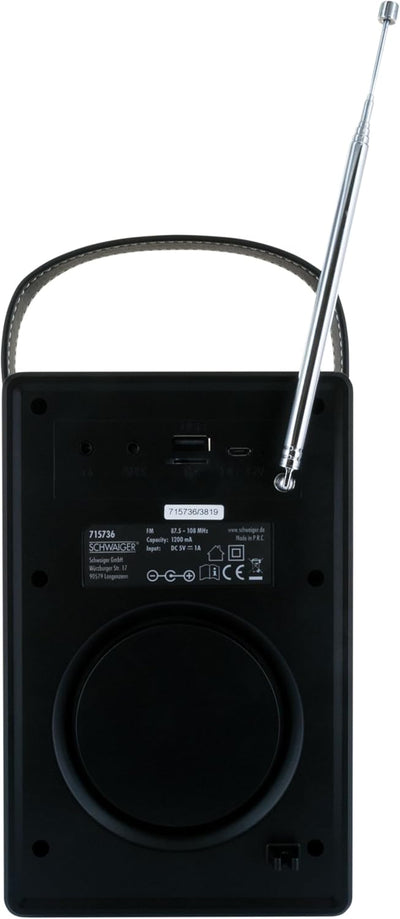 SCHWAIGER 715736 Tragbarer analoger Radiowecker UKW FM Bluetooth Lautsprecher Musikbox Radio AUX Mic
