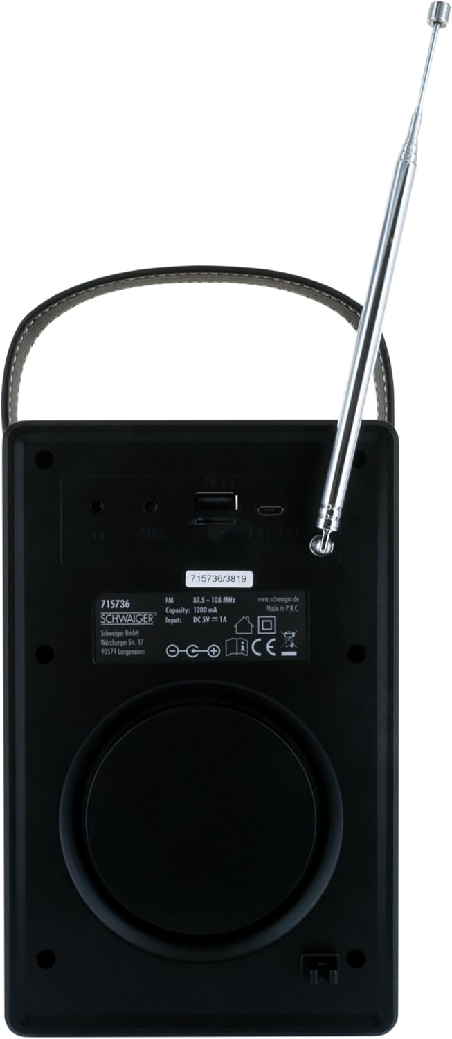 SCHWAIGER 715736 Tragbarer analoger Radiowecker UKW FM Bluetooth Lautsprecher Musikbox Radio AUX Mic