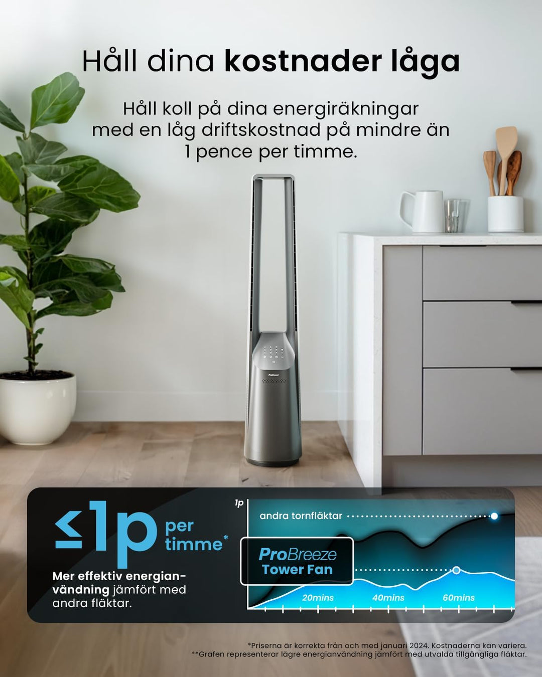 Pro Breeze 101cm rotorloser Ventilator - Ventilator oszillierend mit Fernbedienung, LED Display, 6 G