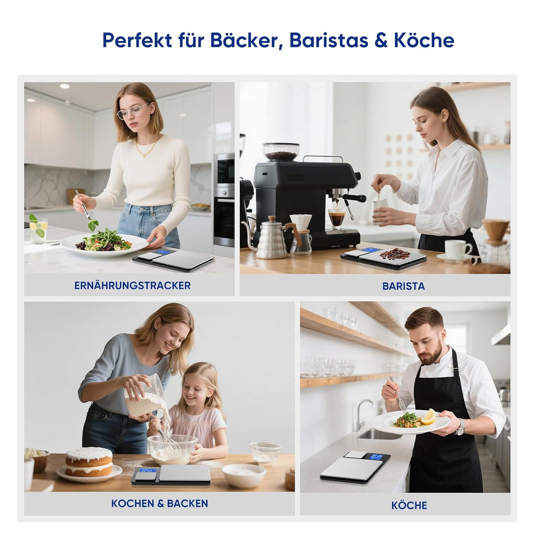 Küchenwaage Digital 15 kg / 0,01 g, Hochpräzise Zweibereichs Waage Küche mit Addierfunktion, Tara-Fu