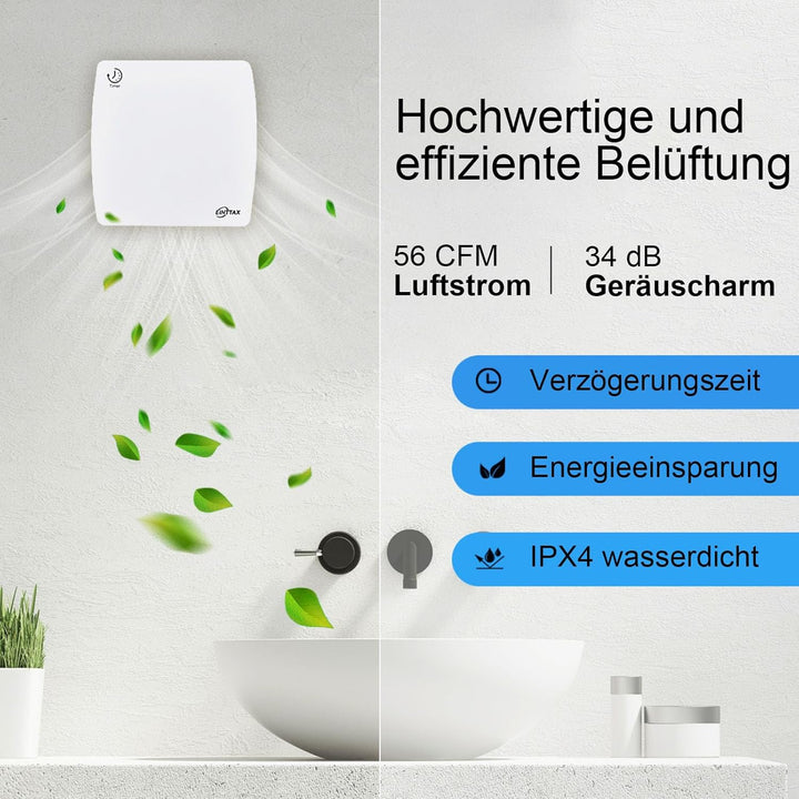 Badlüfter Fan 100mm Durchmesser,Badlüfter mit Nachlauf Wandmontage Lüftung Badezimmer Ventilator,IPX