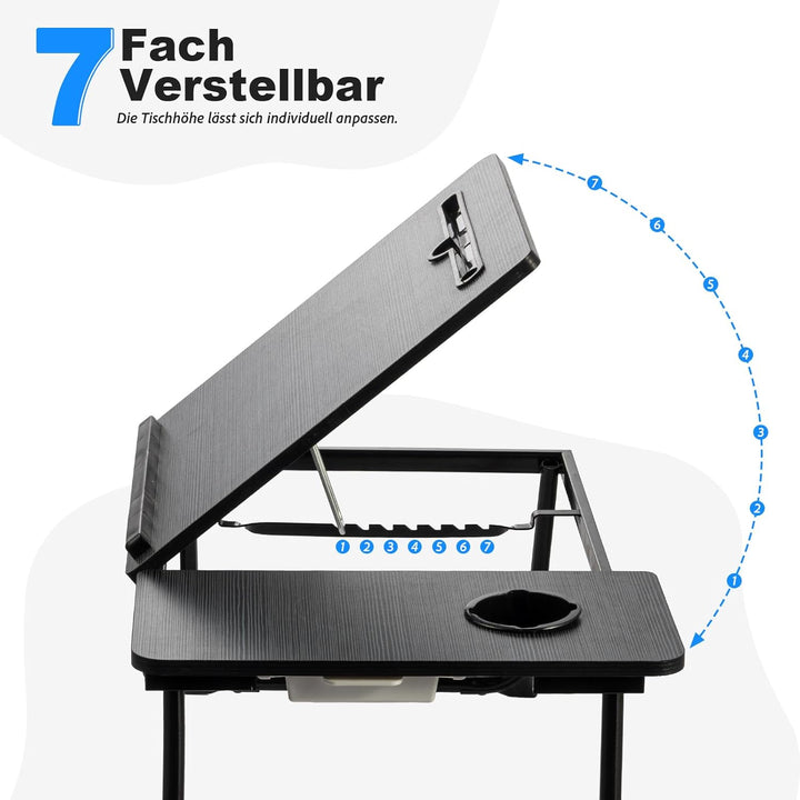 Faltbarer Laptoptisch, höhenverstellbarer Laptop-Tisch mit Getränkehalter & Lesepult, tragbarer Bett