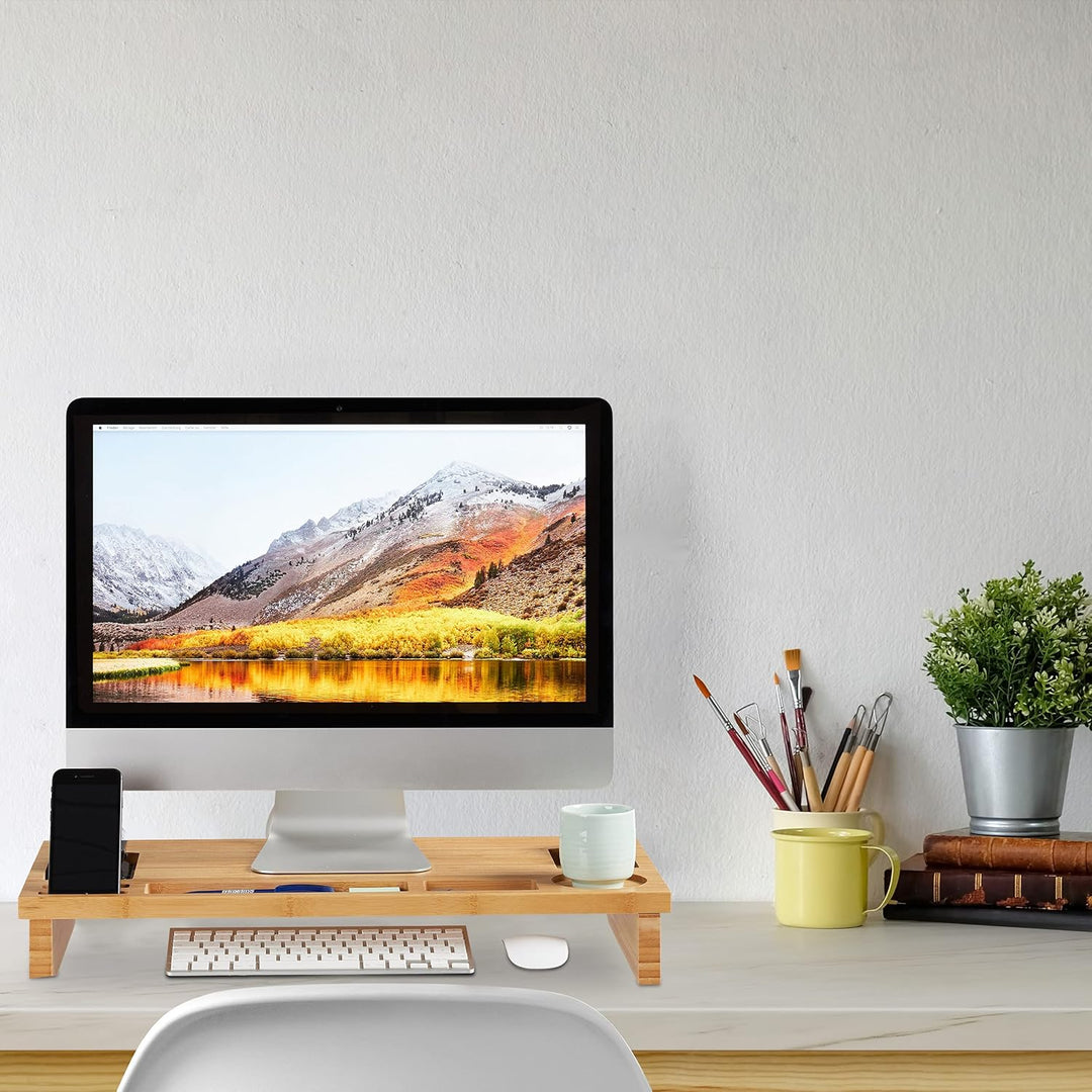 Relaxdays Monitorständer Bambus, Bildschirmerhöhung für Laptop, Bildschirmständer mit Stauraum, HBT