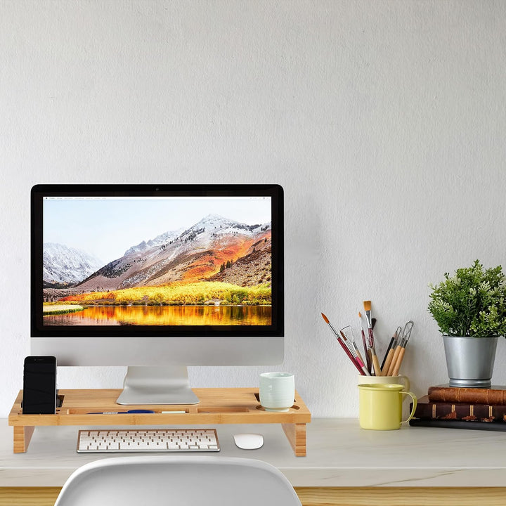 Relaxdays Monitorständer Bambus, Bildschirmerhöhung für Laptop, Bildschirmständer mit Stauraum, HBT