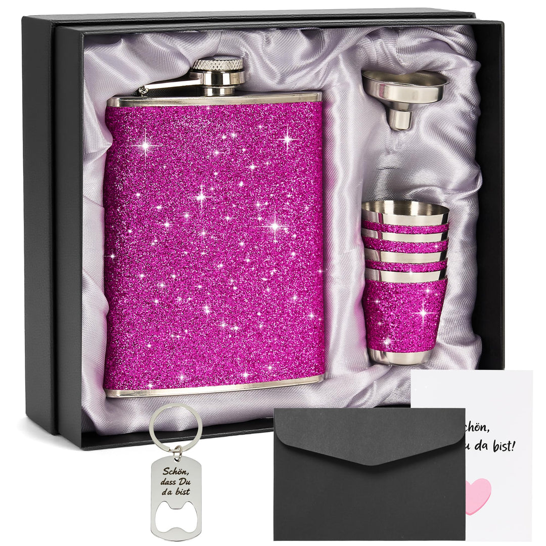 Flachmann Edelstahl mit Leder 240ml und 4 Shot Becher Set – Rosa, ideal für Reisen, JGA, Party und G
