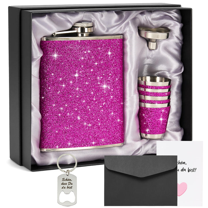Flachmann Edelstahl mit Leder 240ml und 4 Shot Becher Set – Rosa, ideal für Reisen, JGA, Party und G