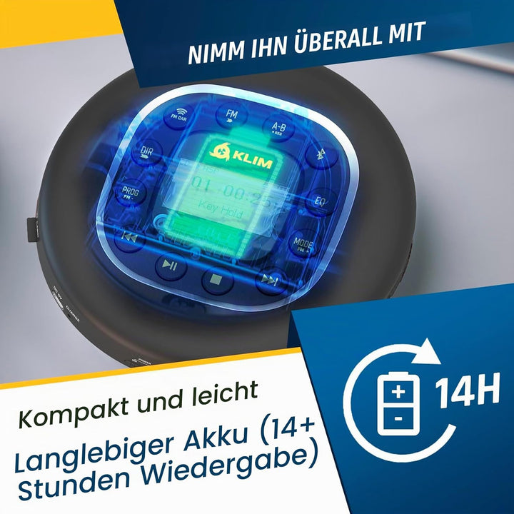 KLIM Journey + Tragbarer CD-Player Walkman mit langlebigem Akku + Mit Kopfhörern + Radio FM + Kompat