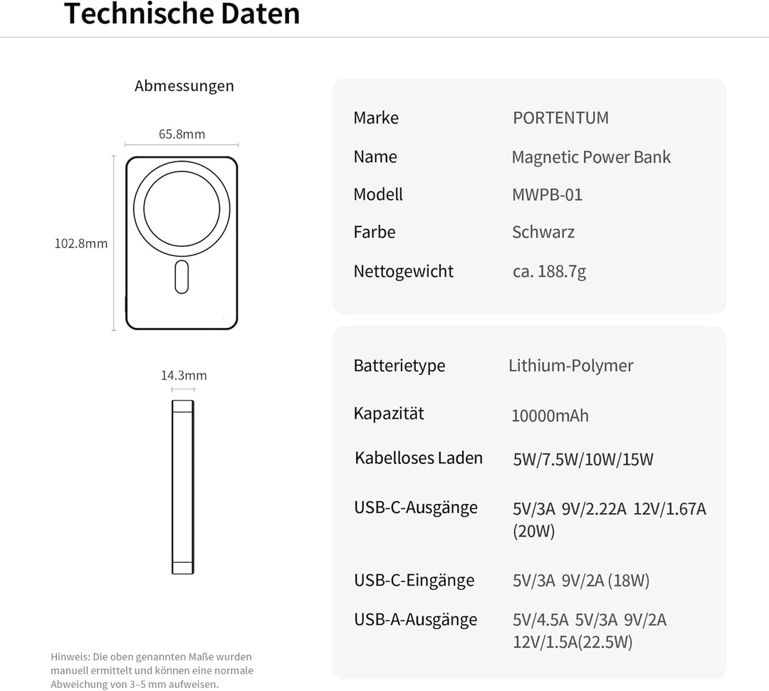 PORTENTUM Powerbank für Magsafe Schnellladefunktion 10000 mAh Ultra-Slim 14 mm – Power Bank magnetis