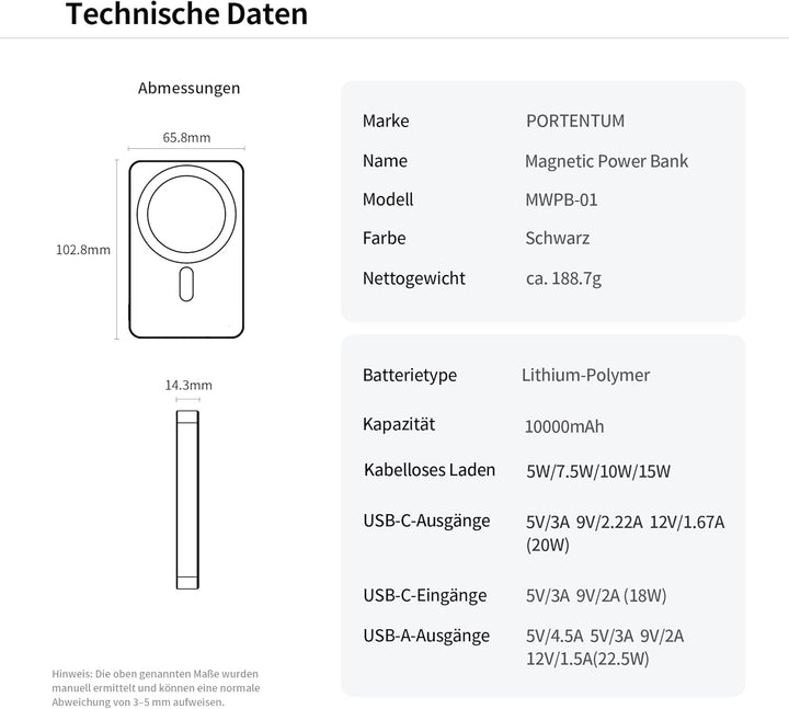 PORTENTUM Powerbank für Magsafe Schnellladefunktion 10000 mAh Ultra-Slim 14 mm – Power Bank magnetis