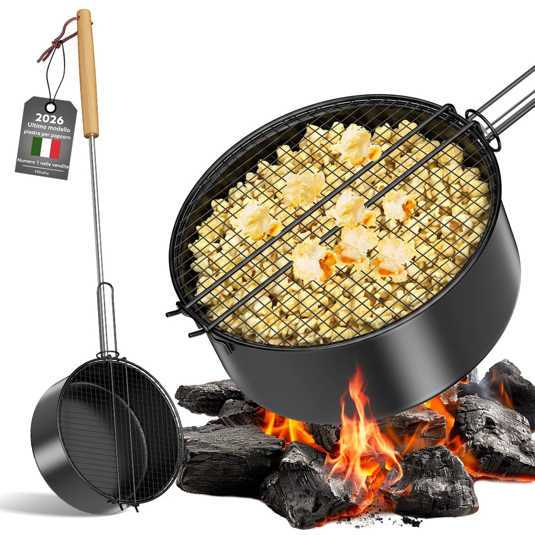 Popcornpfanne für Lagerfeuer &amp; Grill | aus hochwertigem Carbonstahl &amp; Sicherheitsgriff | Perfekt für