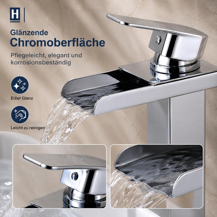 HOMELODY Wasserhahn Bad Wasserfall Waschtischarmatur, Einhandmischer Messing Armatur Badezimmer mit