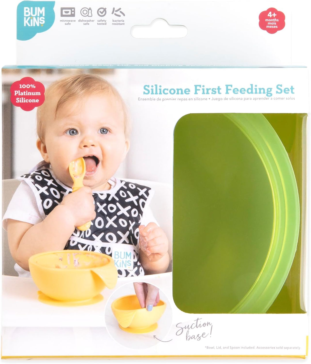 Bumkins - Erstes Baby Fütterungsset aus Silikon mit Saugnapf, Deckel und Löffel, Grün Jelly Green Je