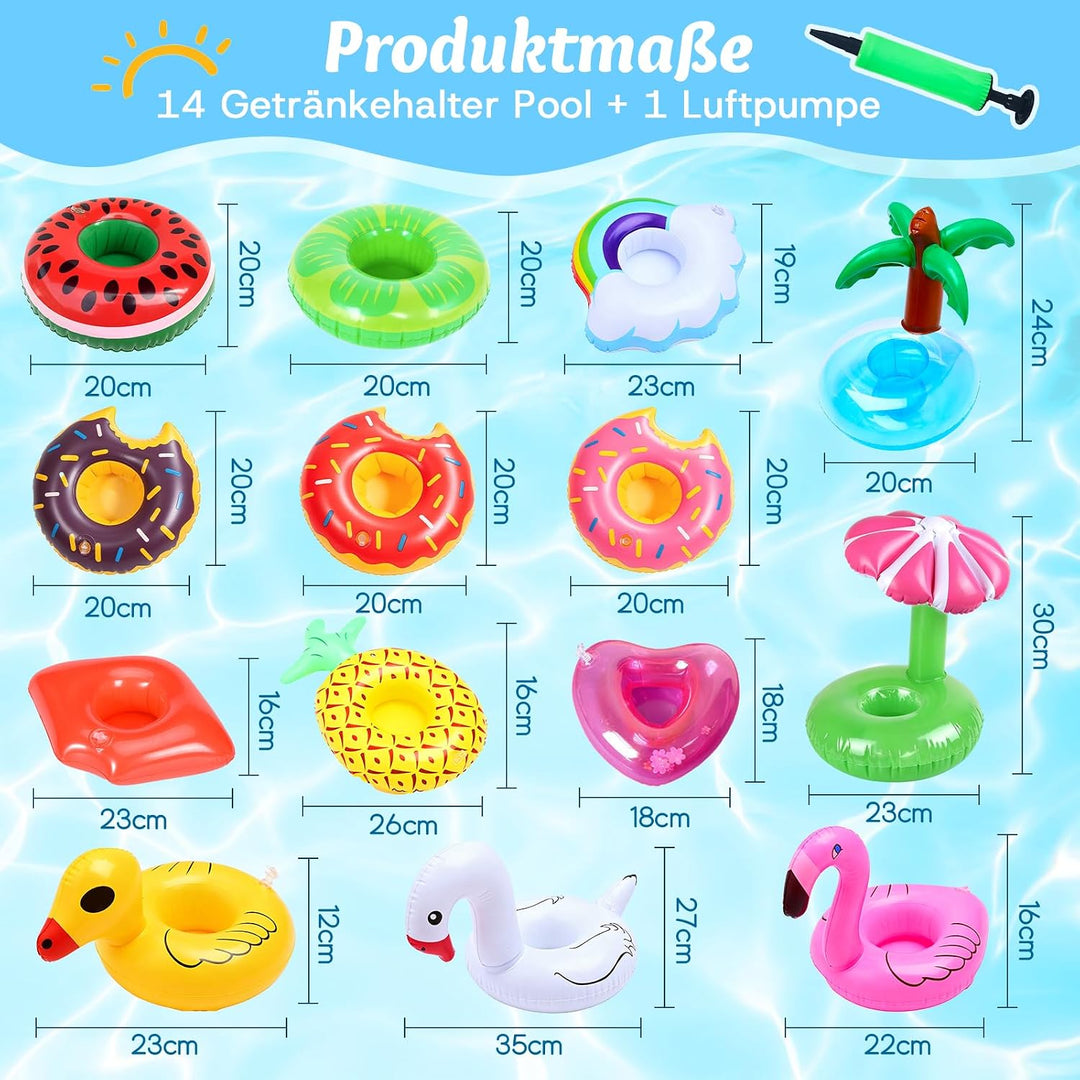 15 Stück Getränkehalter Pool Schwimmender, Aufblasbar Getränkehalter mit Luftpumpe, Bierhalter Pool