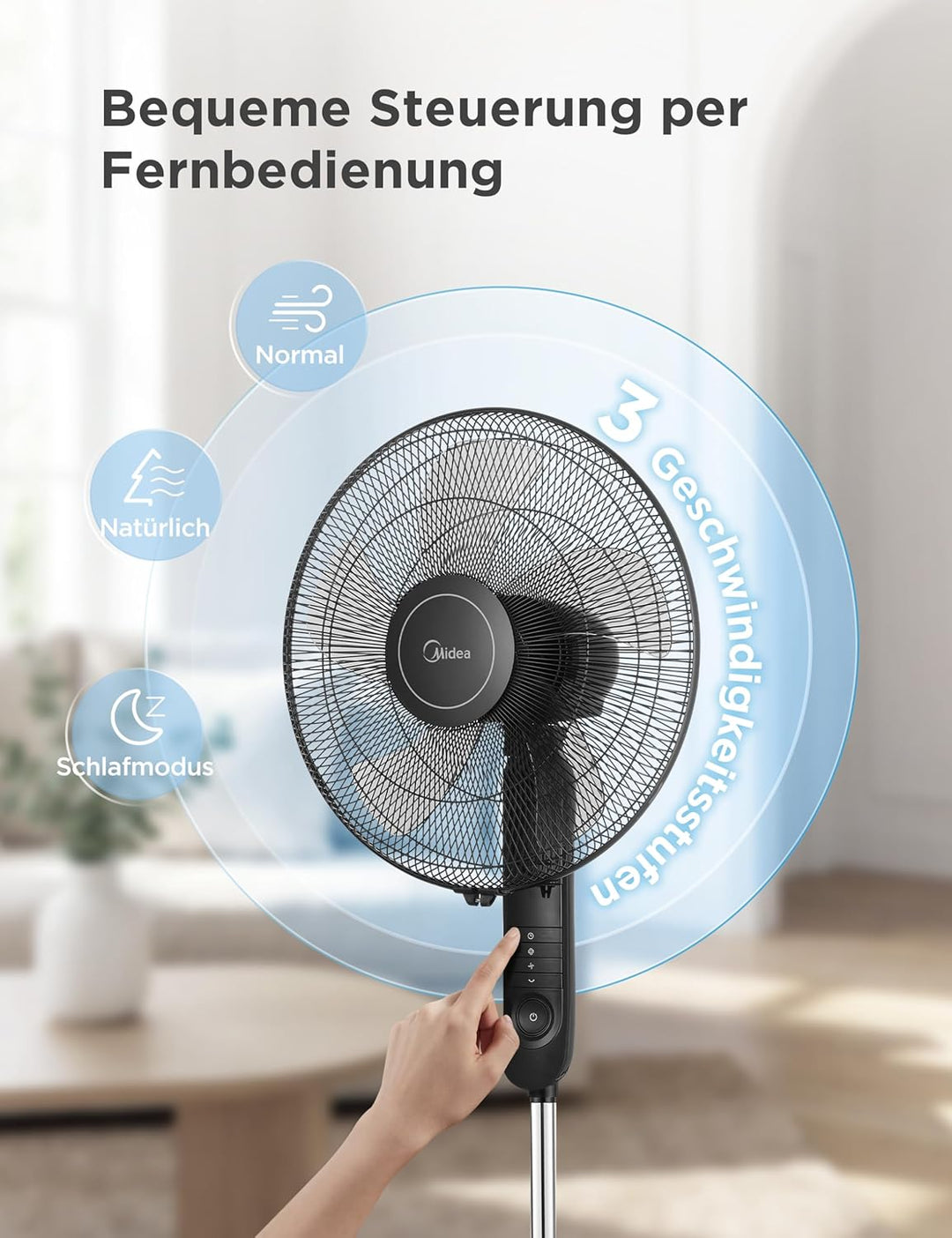Midea FS40-15FR Standventilator Leise mit Fernbedienung,3 Geschwindigkeitsstufen,LED Anzeige, 7,5H T