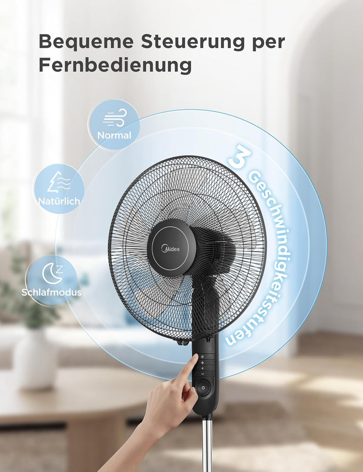 Midea FS40-15FR Standventilator Leise mit Fernbedienung,3 Geschwindigkeitsstufen,LED Anzeige, 7,5H T