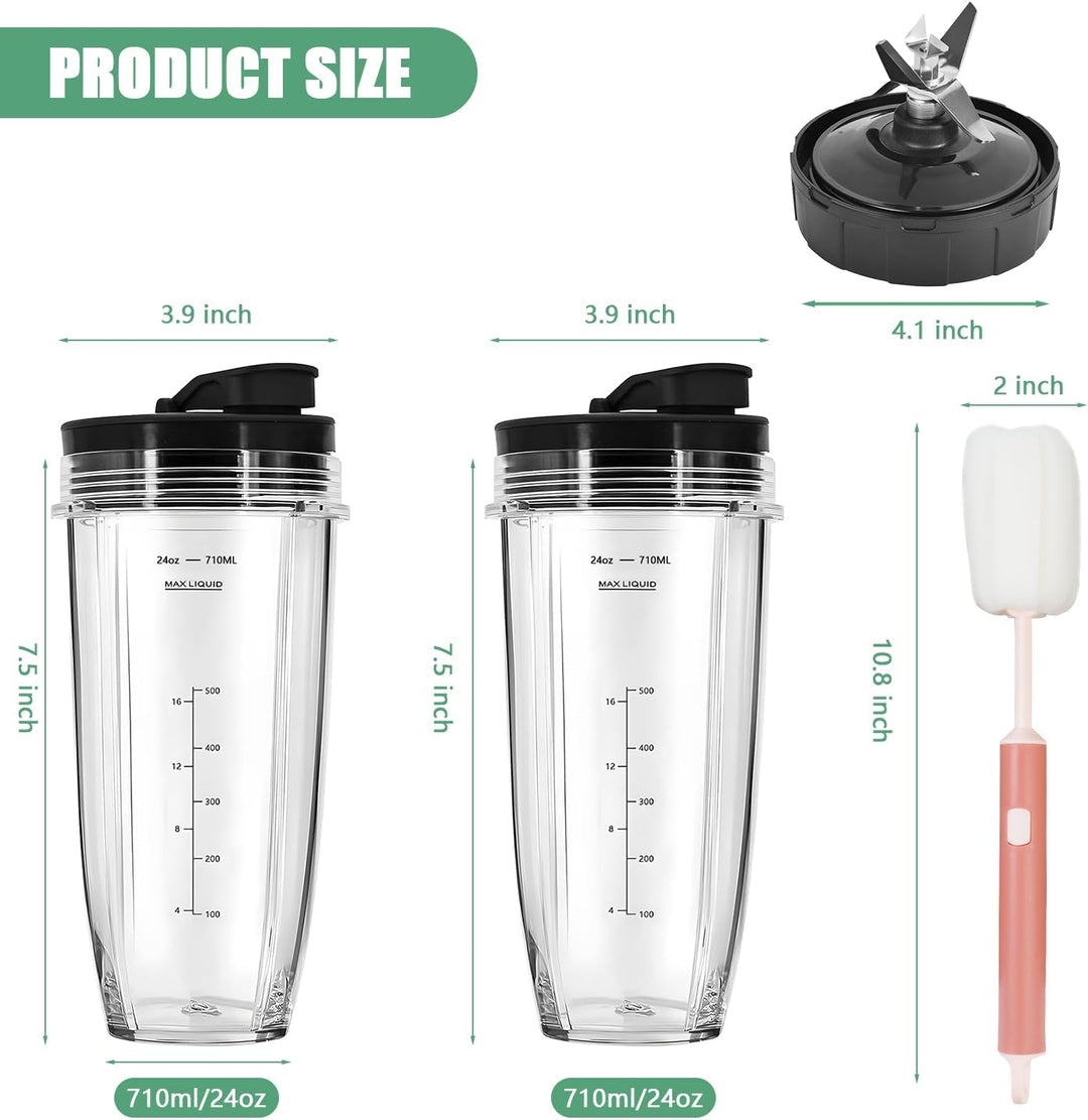 Blender Cups & Blattersatz für Ninja - 2 Pack 710 ml Cups mit 7 Flossen Blatt Ersatzteilen & Bürsten