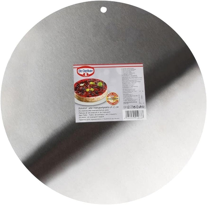 Dr. Oetker Profi Deko- und Transportplatte Ø 32 cm – Hochwertiger Edelstahl, Spülmaschinenfest, Viel