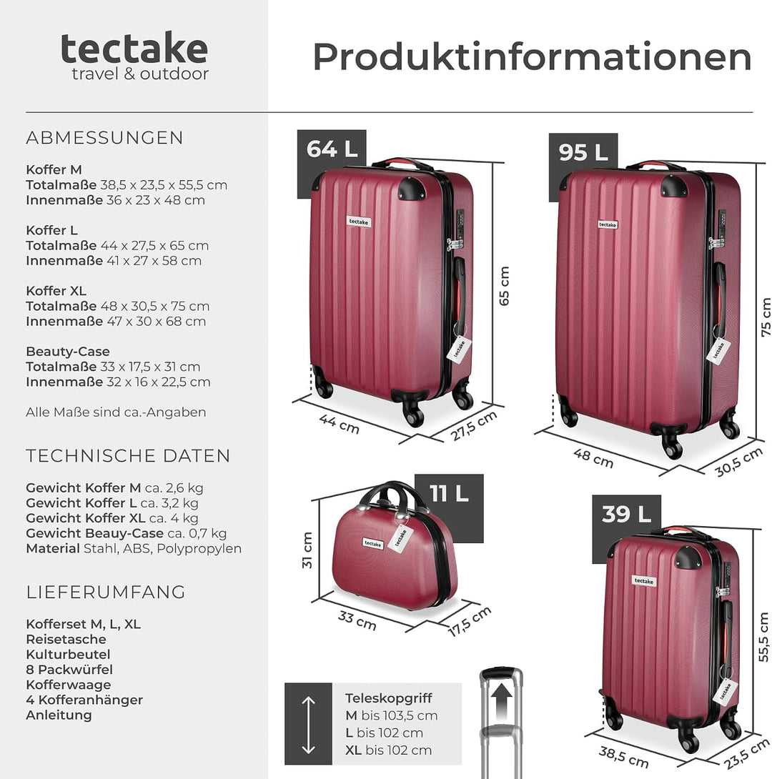 TecTake® Hartschalenkoffer-Set, 19-teilig, ABS-Hartschale, mit TSA-Schloss, 360° Rollen, Packwürfels