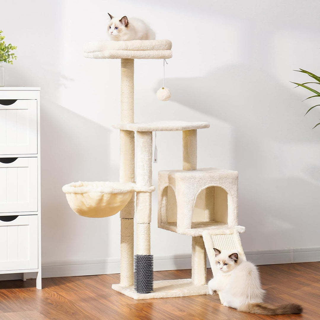 Heybly Kratzbaum mit Katzenbürste, Katzenbaum für Hauskatzen mit Gepolsterter Sitzstange aus Plüsch,