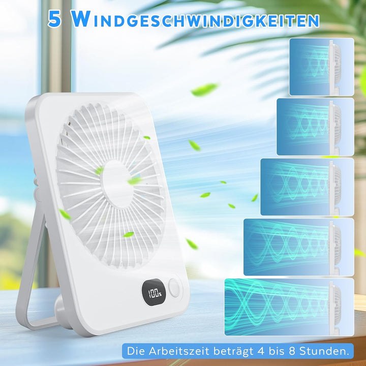 Klein Tischventilator USB Leise Ventilator Akku 3600mAh 5 Geschwindigkeiten 180°Einstellbar Tragbare