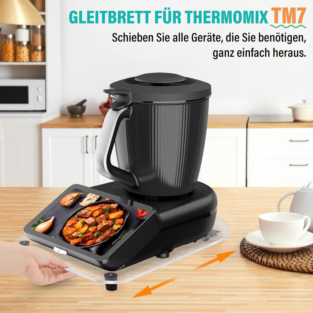 Acryl Gleitbrett für Thermomix TM7 – Mit 360° Rollen + Rutschfest Gummifüsse des Schnelles Bewegen/S