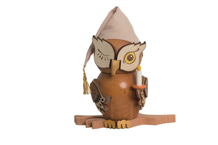 Drechslerei Kuhnert - Rauchfigur/Räucherfigur - Eule Schlafmütze aus Massivholz - ca. 15 cm - Made i