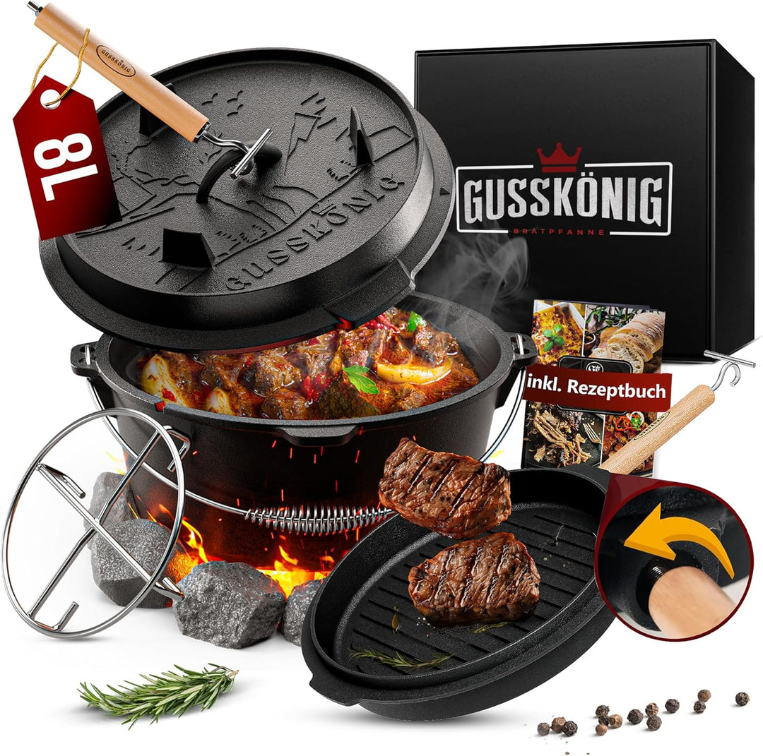 GUSSKÖNIG Dutch Oven Set - Eingebrannter Dutch Oven 8 Liter - Feuertopf aus Gusseisen ohne Füssen -