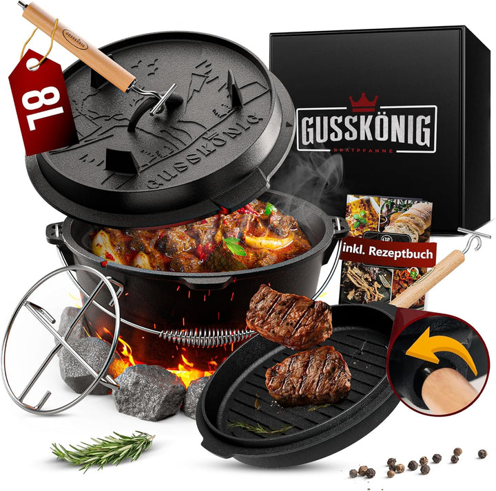 GUSSKÖNIG Dutch Oven Set - Eingebrannter Dutch Oven 8 Liter - Feuertopf aus Gusseisen ohne Füssen -