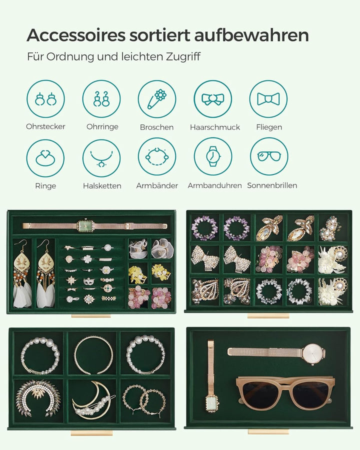 SONGMICS Schmuckkästchen, Schmuckkasten mit 4 Ebenen, Schmuckbox mit Glasdeckel, 3 Schubladen, für S