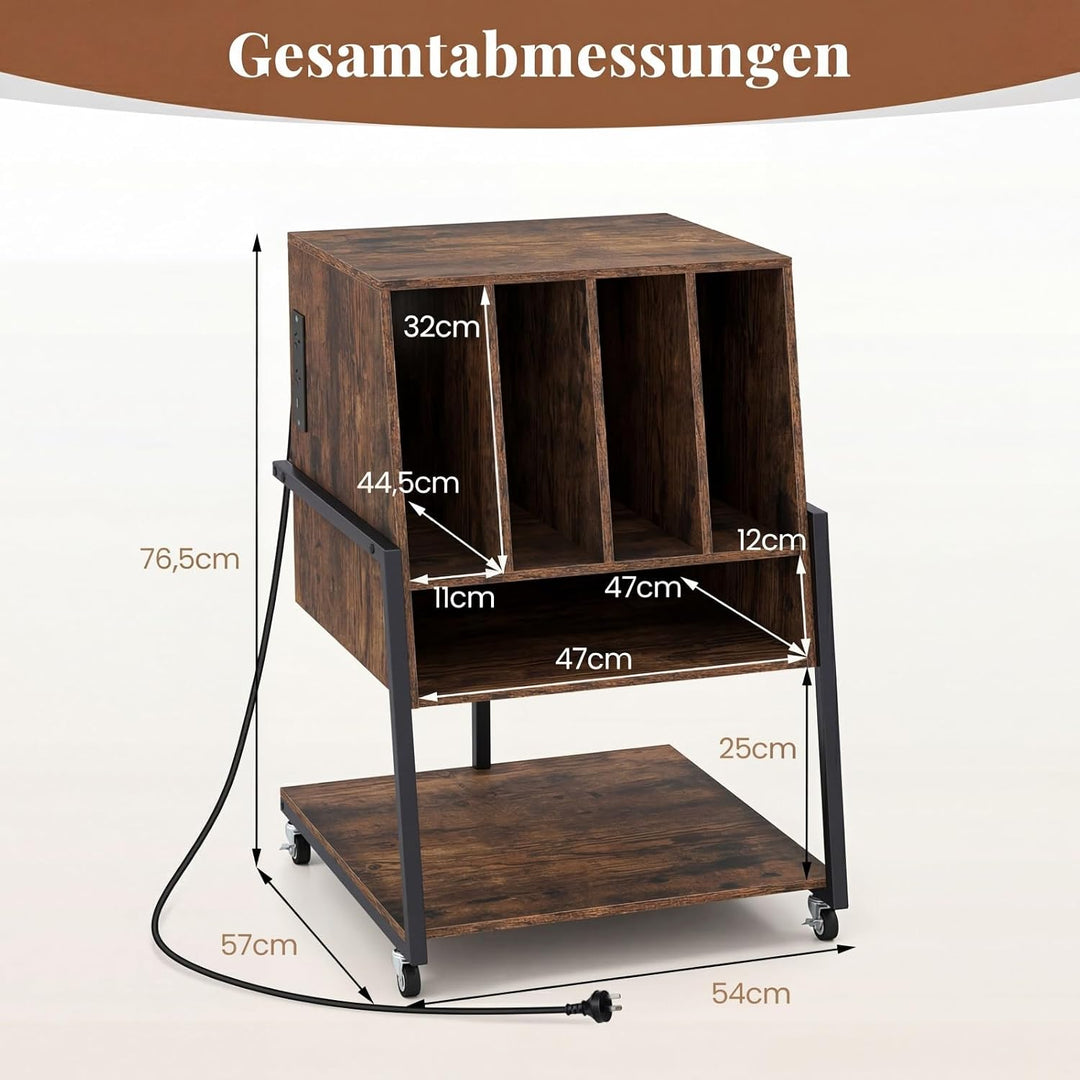 COSTWAY Plattenspielerständer, Vinyl Schallplattentisch mit Ladestation, breite Tischplatte, 4 Trenn
