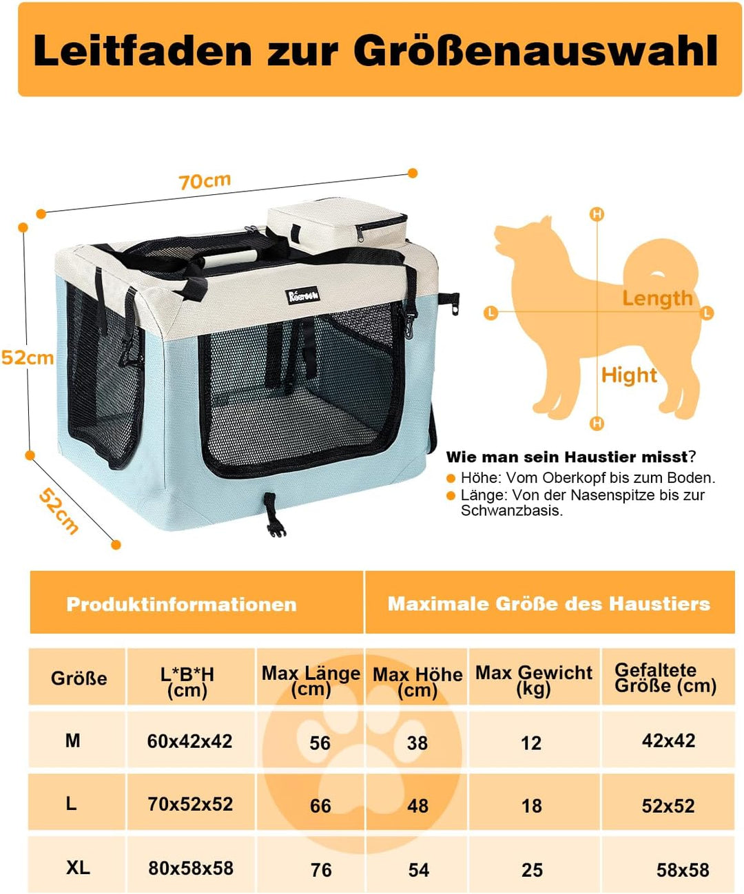 Reerooh Hundebox L 70x52x52cm, Faltbar Hundetransportbox Inkl.Hundenapf, Tragbare Hundetasche für Re