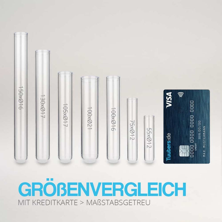 Tuuters 100x Kunststoff Reagenzgläser mit Korken Verschluss Presskorken Reagenzröhrchen (105 x Ø17mm