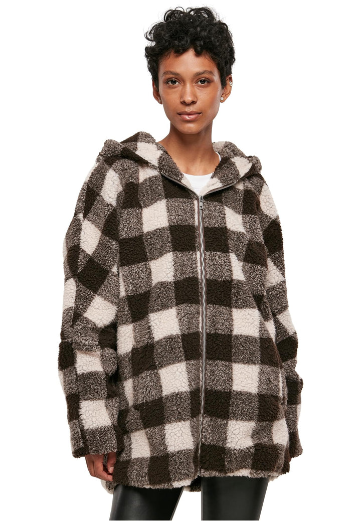 Urban Classics Ladies Hooded Oversized Check Sherpa Jacket Frauen Übergangsjacke braun S pink/brown,