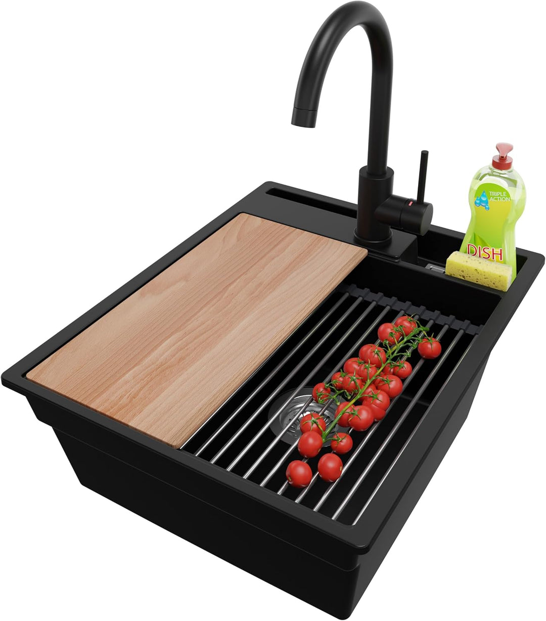 Spülbecken Schwarz 43x53 cm, Granitspüle 1 Becken + Ablauf-Set + Küchenarmatur, Küchenspüle ab 45er