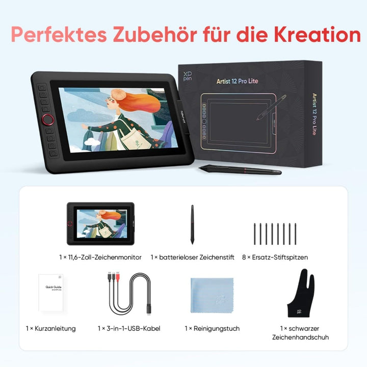 XPPen Artist 12 Pro Lite Grafiktablett mit Display für PC- 11,6 Zoll | 8 Taste und 1 Einstellrad, 81