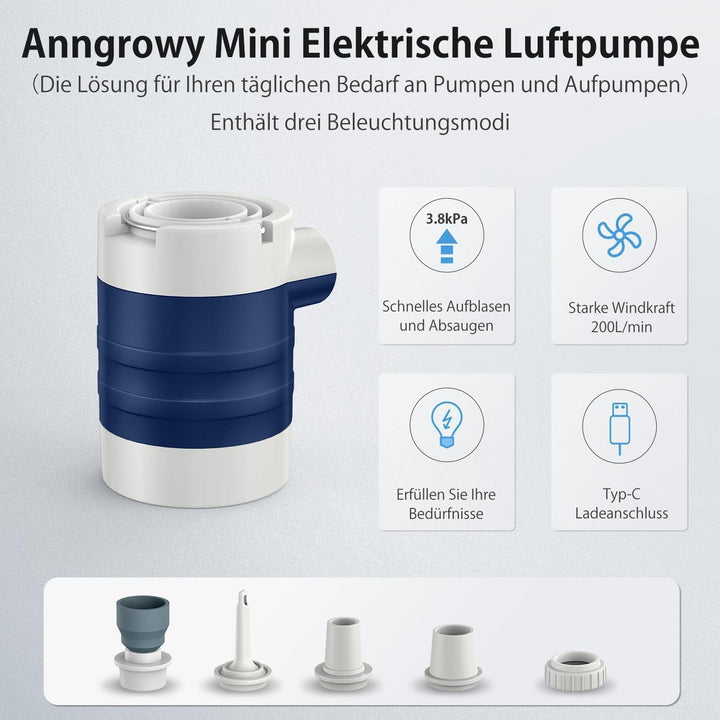 Anngrowy Mini- Elektrische Luftpumpe, Akku Luftpumpe mit Schnellauf- und Ablassfunktion, 5 Luftdüsen