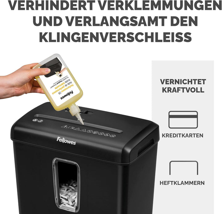 Fellowes Aktenvernichter FS-6C Premium Bundle mit Öl, Papierschredder, 6-Blatt-Partikelschnitt, Akte