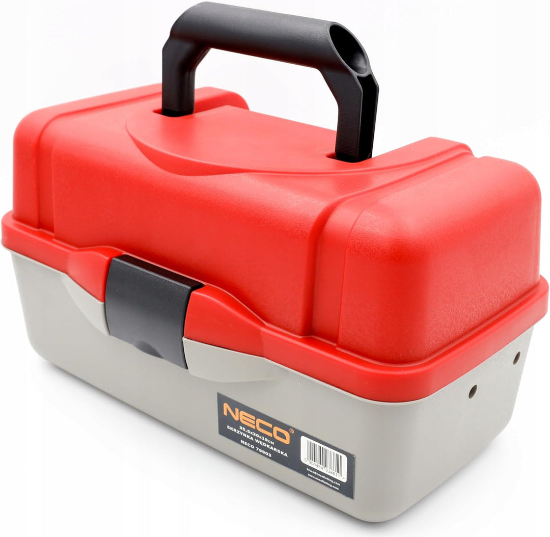 NECO Angelbox Rot mit 2 Schubladen – Tackle Box 35,5x20x19 cm | Angelkoffer mit Fächern für Köder, H