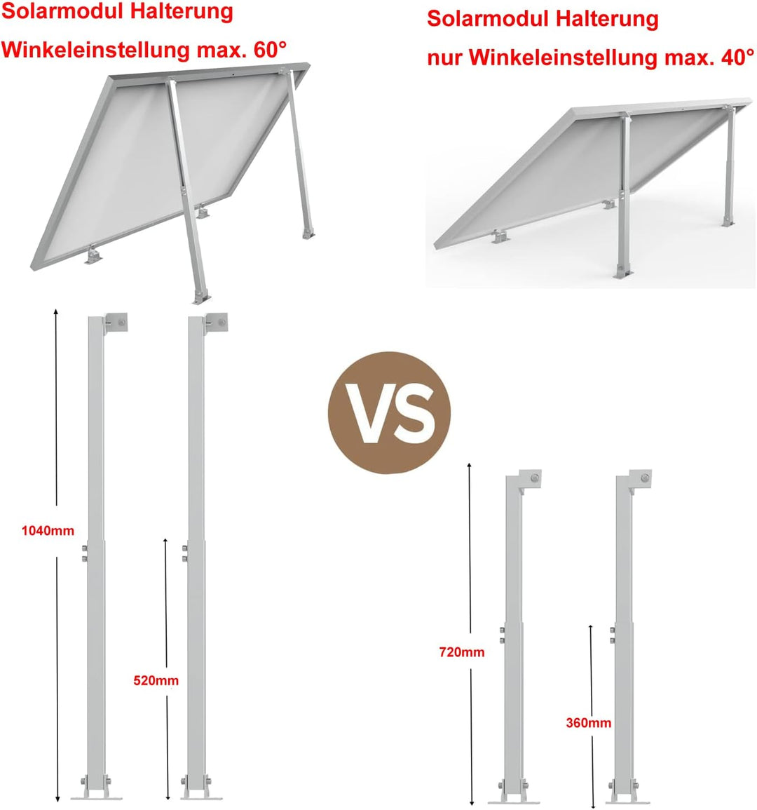 Solarmodul Dachhalterung Montage Balkongeländer, Befestigung Extra lange 1040mm Aufständerung, 0-60°