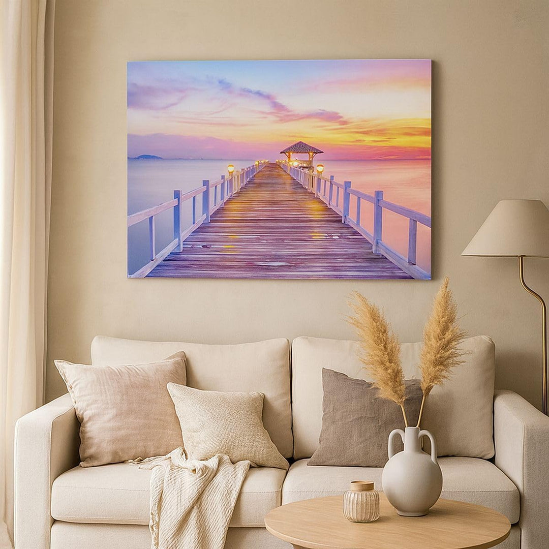 Bilder auf Leinwand 100x70cm Leinwandbild Sonnenuntergang Wasser Brücke Horizont Gross Wanddeko Bild