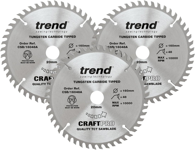 Trend CraftPro Dreierpack TCT-Kreissägeblätter, 160mm Durchmesser x 48 Zähne x 20mm Bohrung, Hartmet