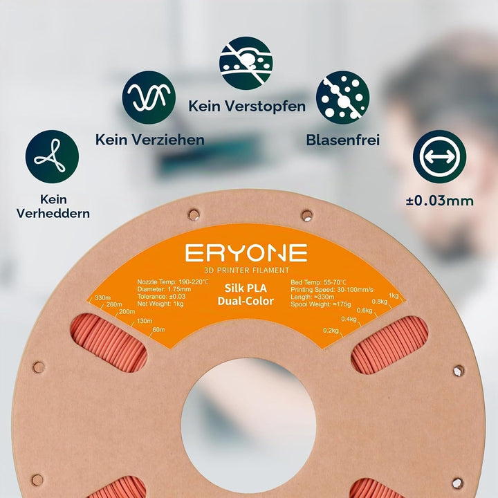 ERYONE Dual Two-Tone PLA Filament 1.75 mm, 3D Printer Filament, 1 kg Spool +/- 0.02 mm, Silk Gold &amp;
