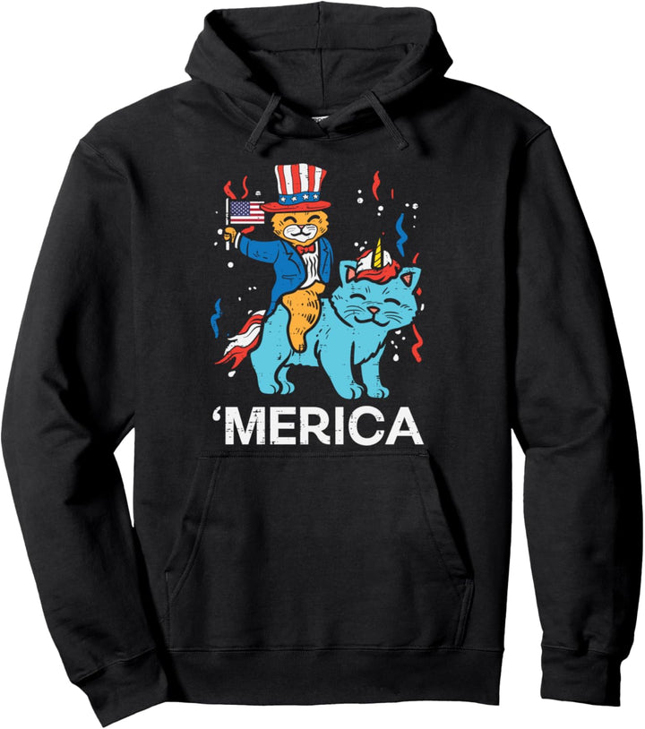 Cats Merica American Flag USA Funny 4th Of July Fourth Girls Pullover Hoodie