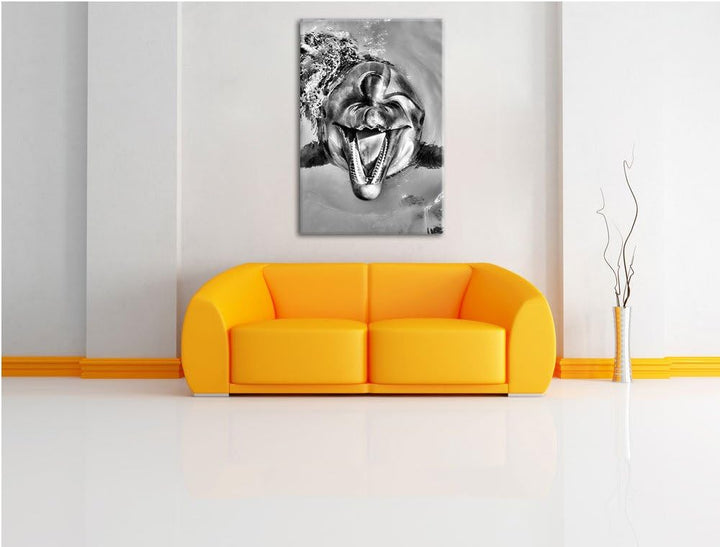 Monocrome, Delfin lacht , Format: 100x70 auf Leinwand, XXL riesige Bilder fertig gerahmt mit Keilrah
