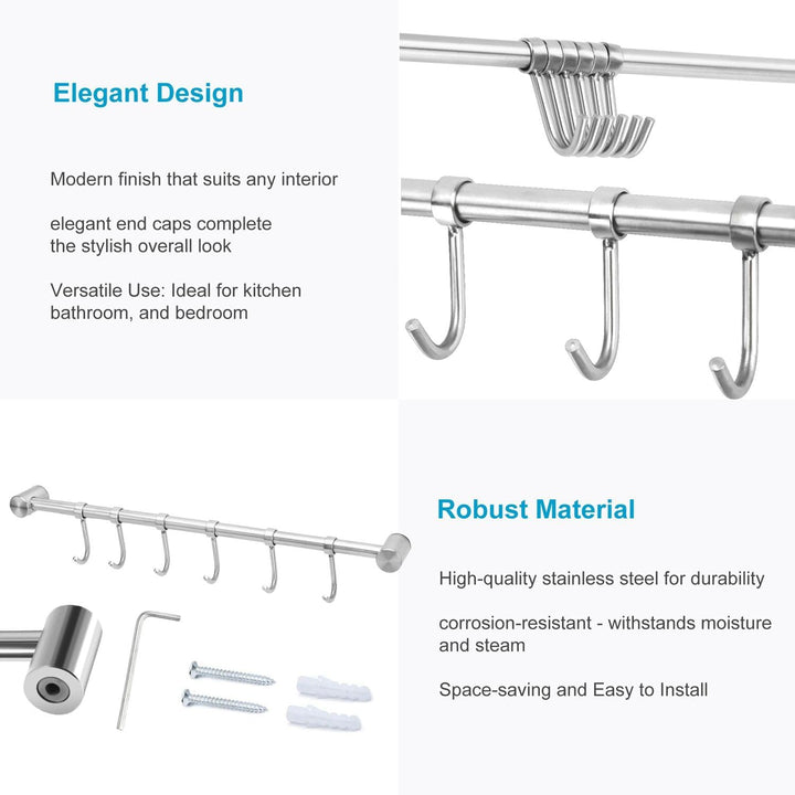 Hängeleiste für die Küche aus Edelstahl mit 6 beweglichen Haken zum Bohren - 35.8 x 3.4 x 2.2 cm - K