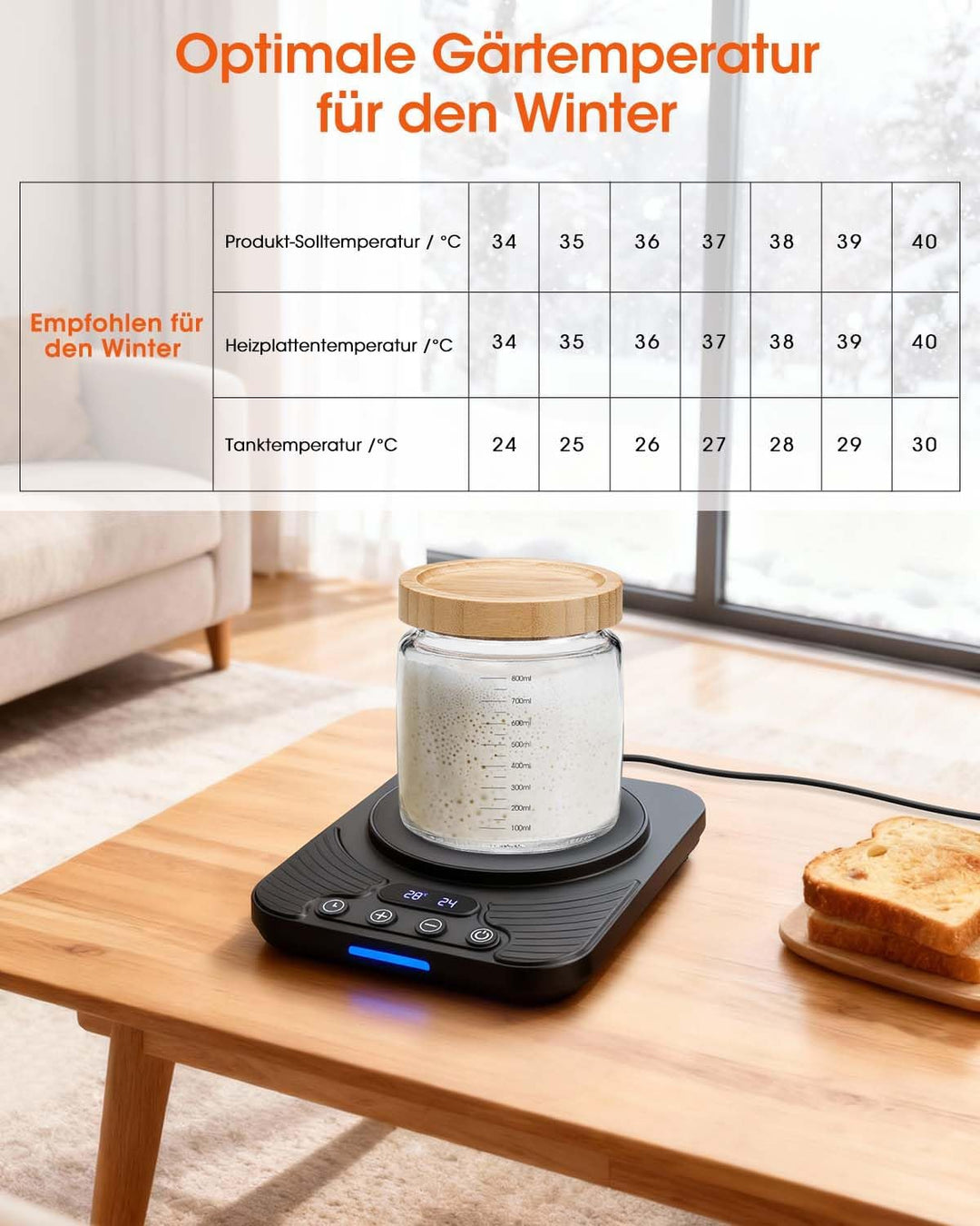 Sauerteigstarterwärmer, Wärmeplatte Präzise 1℃ Thermostat (21-43℃), 24H Timer, Automatische EIN/Aus-