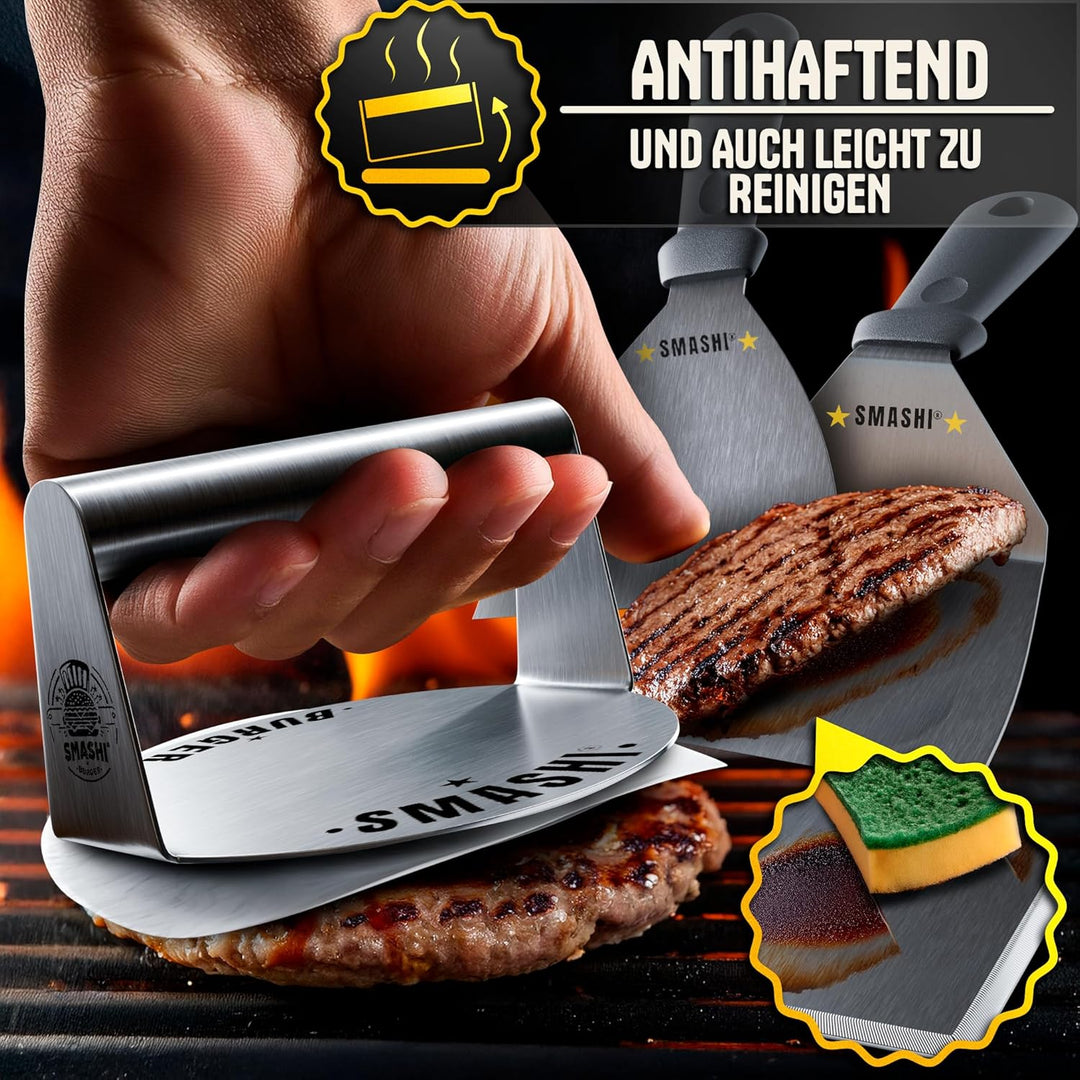 SMASHI® Smash Burger Set Professionell aus Edelstahl 304 – Burgerpresse, 2 Spachtel, Burgerglocke, G