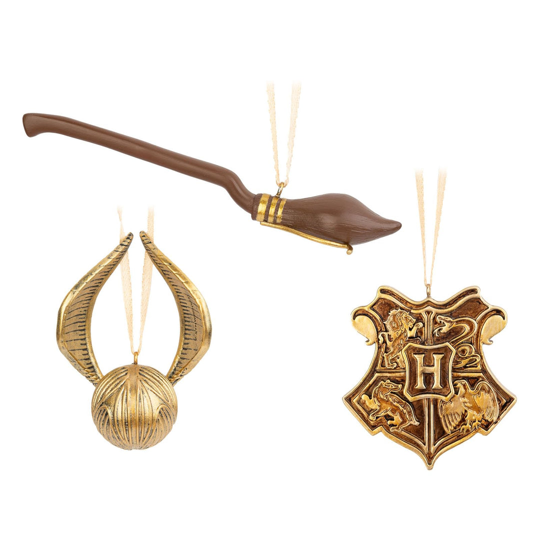Grupo Erik Christbaumschmuck Figuren Set Goldener Golden Snitch Nimbus 2000 und Hogwarts Wappen 3 We